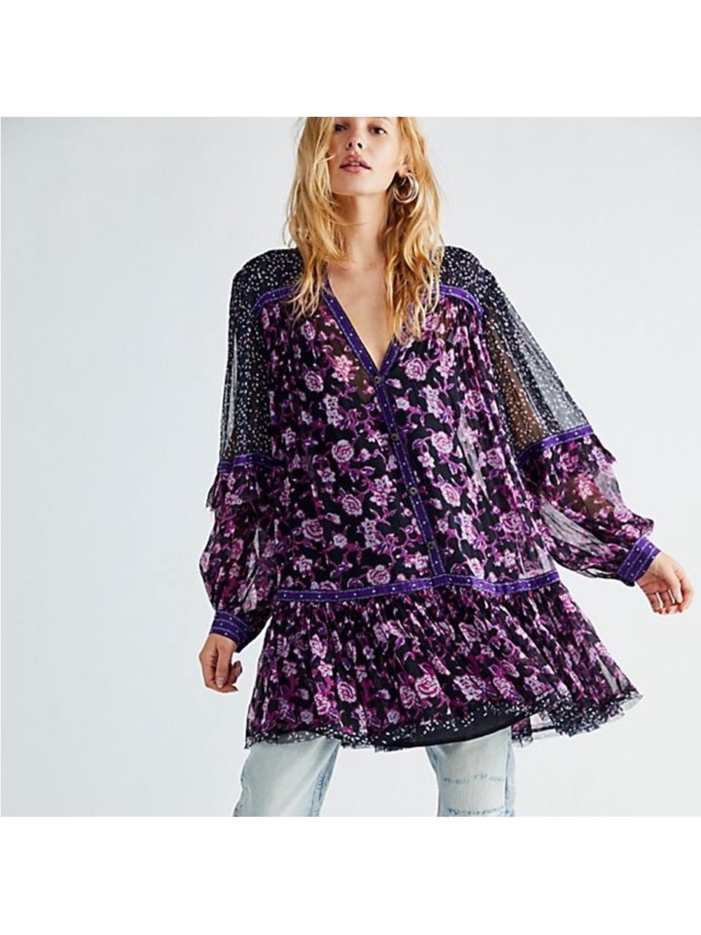Free People Rose Bud Boho Violet Floral V-Neck Peasant Tunic Top